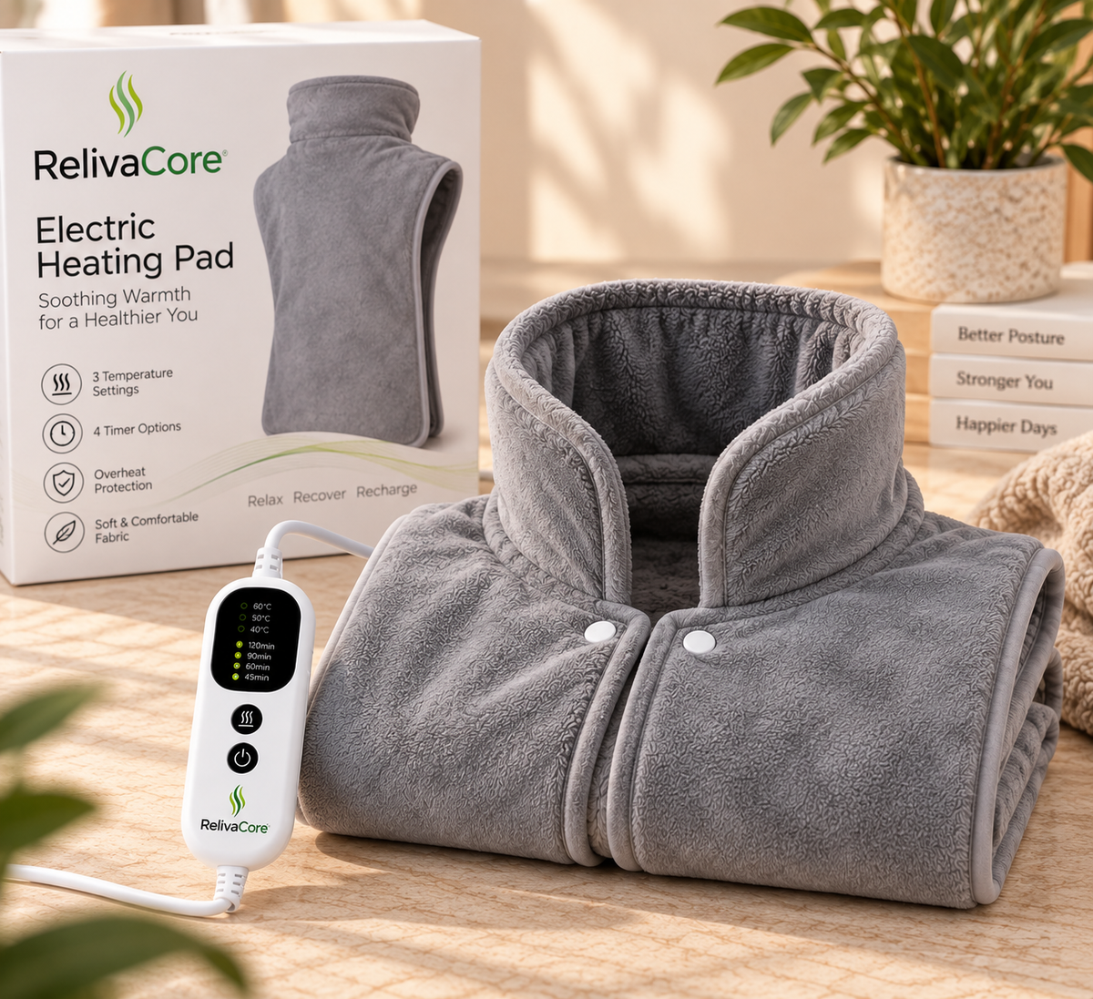 RelivaCore Heated Shoulder & Back Wrap – Electric Neck, Shoulder & Back Heating Pad with Adjustable Heat & Timer