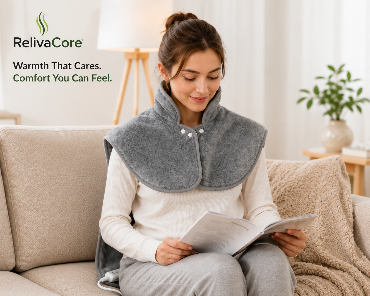 RelivaCore Heated Shoulder & Back Wrap – Electric Neck, Shoulder & Back Heating Pad with Adjustable Heat & Timer