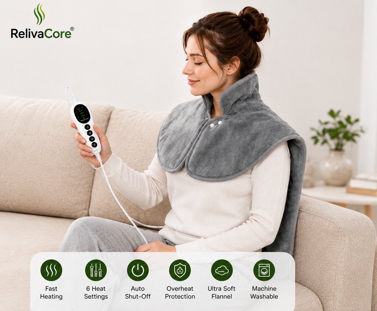 RelivaCore Heated Shoulder & Back Wrap – Electric Neck, Shoulder & Back Heating Pad with Adjustable Heat & Timer